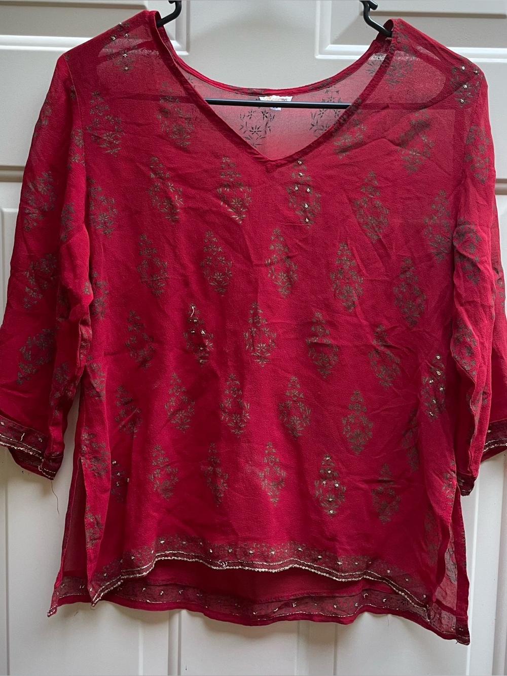 Ravina red sheer gold print trim blouse top Women Medium